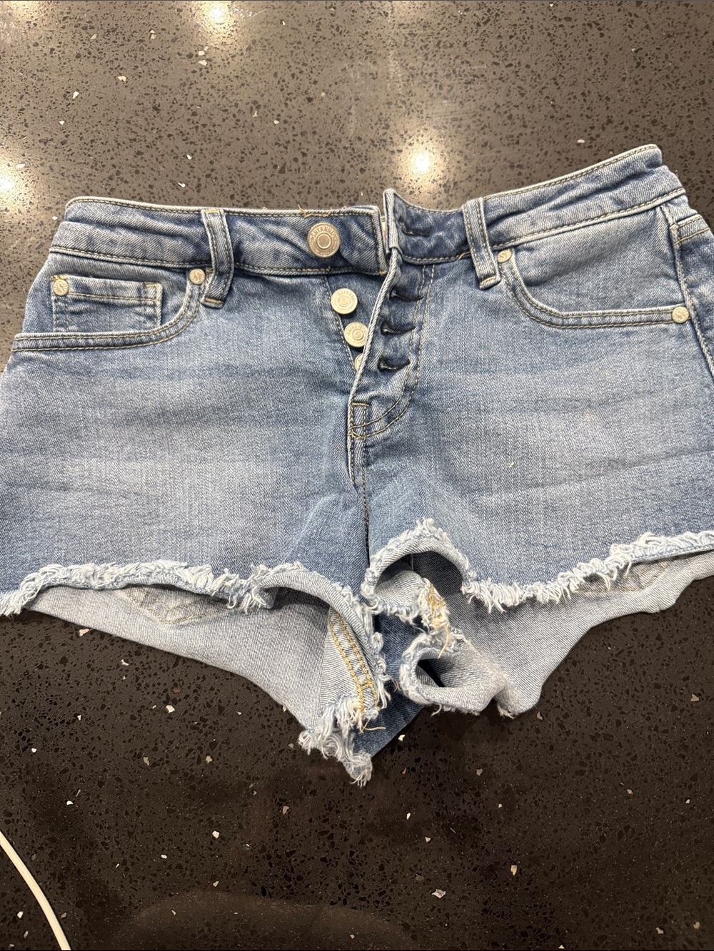 Shyanne Light Blue Distressed Button-Fly Jean Shorts